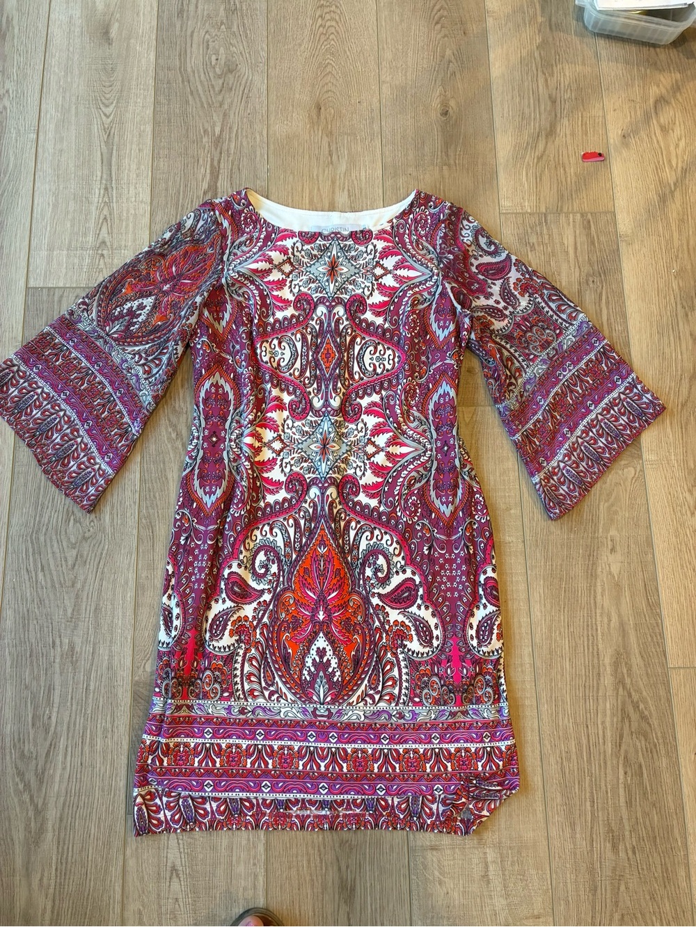 Christin Michaels 1970s hippie boho vibe Paisley Bell-Sleeve Dress in pinks 8